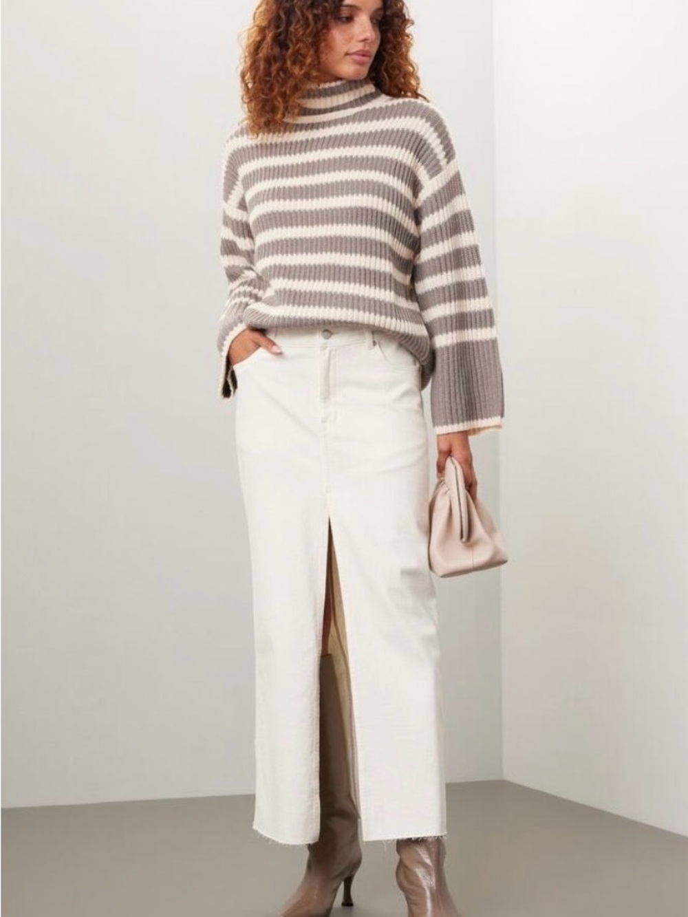DL1961 Cream Maxi Denim Skirt with Front Slit
